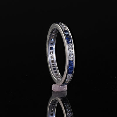 Vintage Retro Platinum Diamond and Sapphire Eternity Wedding Band - Size 6 1/2