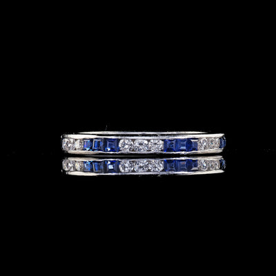 Vintage Retro Platinum Diamond and Sapphire Eternity Wedding Band - Size 6 1/2