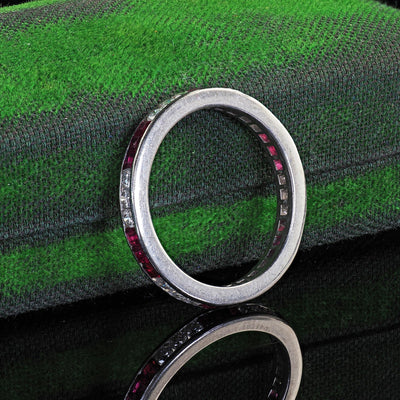 Vintage Retro Platinum Diamond and Ruby Eternity Wedding Band - Size 6 1/2