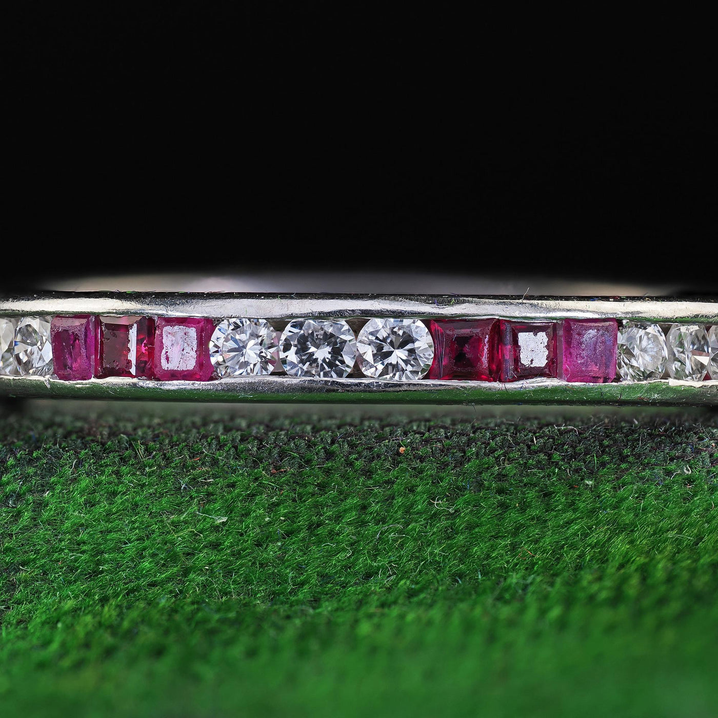 Vintage Retro Platinum Diamond and Ruby Eternity Wedding Band - Size 6 1/2