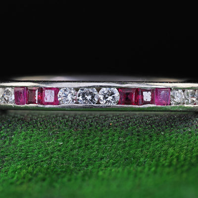 Vintage Retro Platinum Diamond and Ruby Eternity Wedding Band - Size 6 1/2