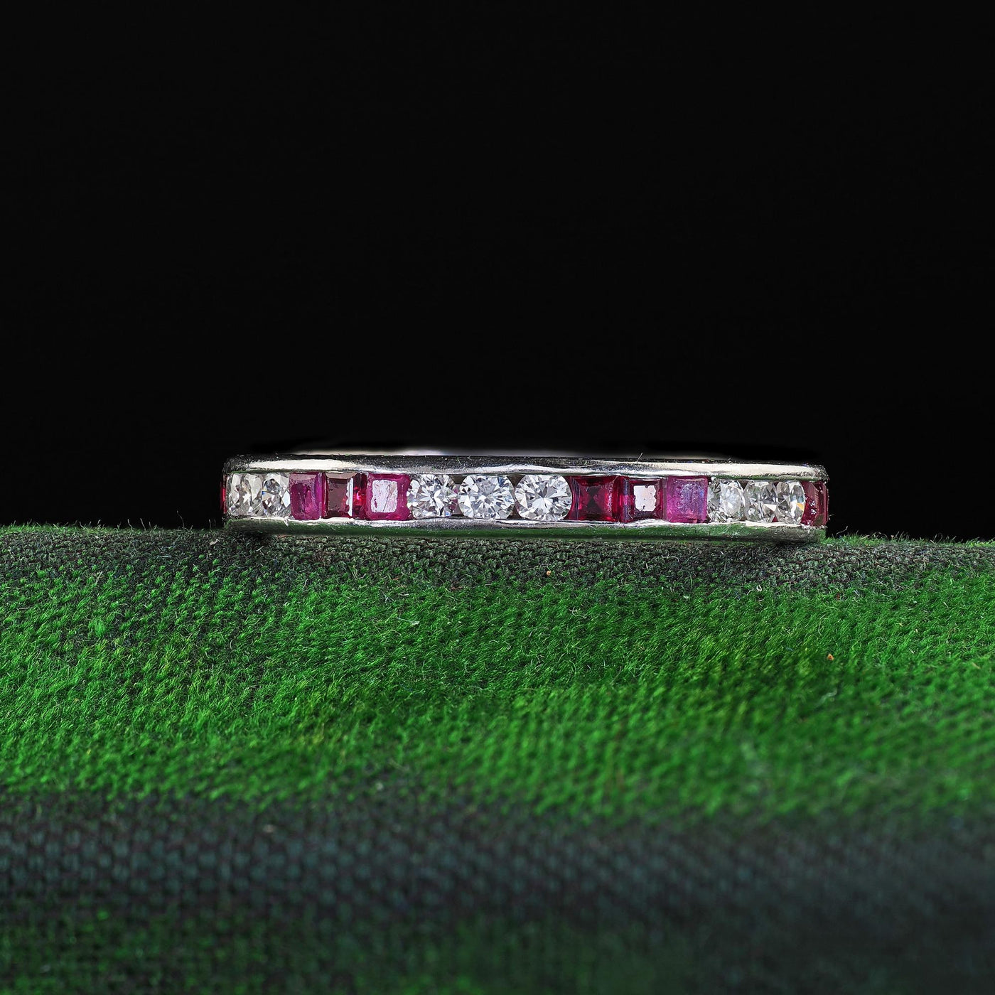 Vintage Retro Platinum Diamond and Ruby Eternity Wedding Band - Size 6 1/2