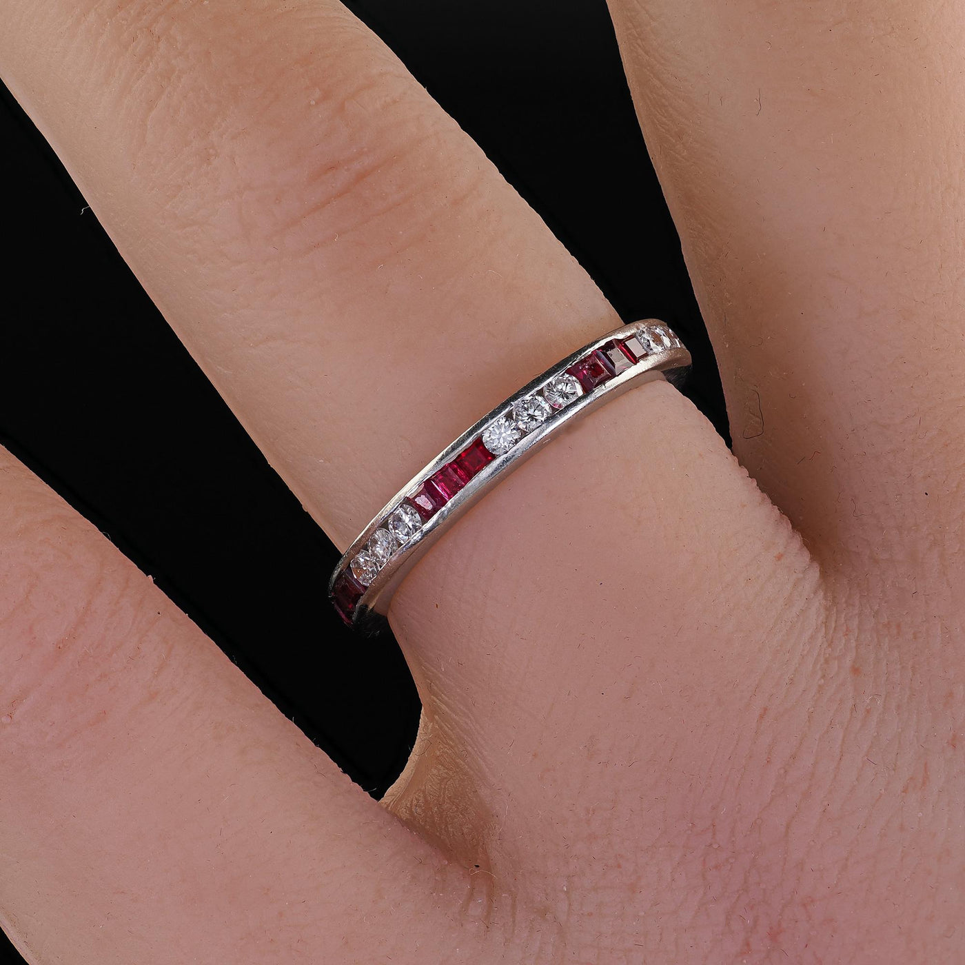 Vintage Retro Platinum Diamond and Ruby Eternity Wedding Band - Size 6 1/2