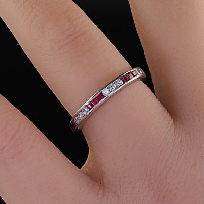 Vintage Retro Platinum Diamond and Ruby Eternity Wedding Band - Size 6 1/2