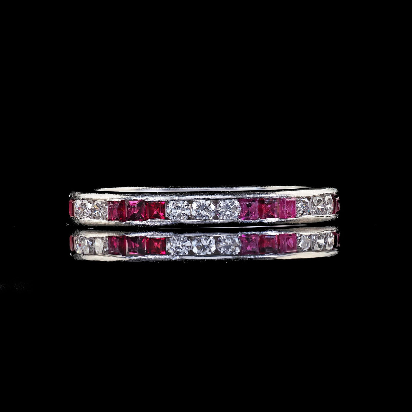 Vintage Retro Platinum Diamond and Ruby Eternity Wedding Band - Size 6 1/2