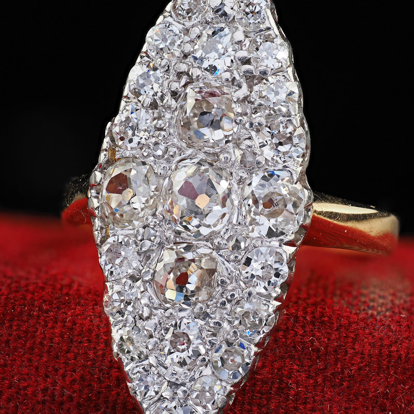 Antique Edwardian 18K Gold and Platinum Old Mine Diamond Navette Cocktail Ring