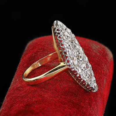 Antique Edwardian 18K Gold and Platinum Old Mine Diamond Navette Cocktail Ring