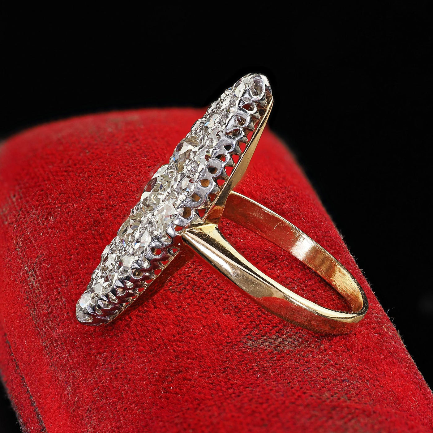 Antique Edwardian 18K Gold and Platinum Old Mine Diamond Navette Cocktail Ring