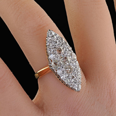 Antique Edwardian 18K Gold and Platinum Old Mine Diamond Navette Cocktail Ring