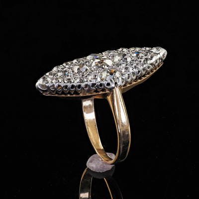 Antique Edwardian 18K Gold and Platinum Old Mine Diamond Navette Cocktail Ring