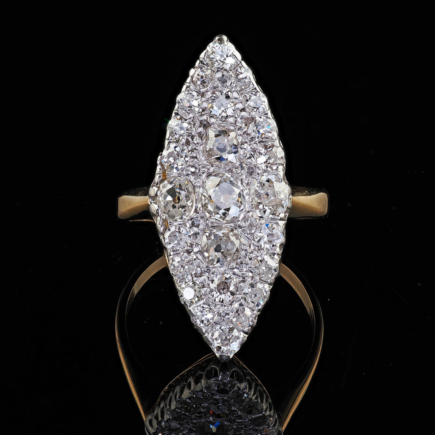 Antique Edwardian 18K Gold and Platinum Old Mine Diamond Navette Cocktail Ring