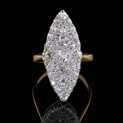 Antique Edwardian 18K Gold and Platinum Old Mine Diamond Navette Cocktail Ring