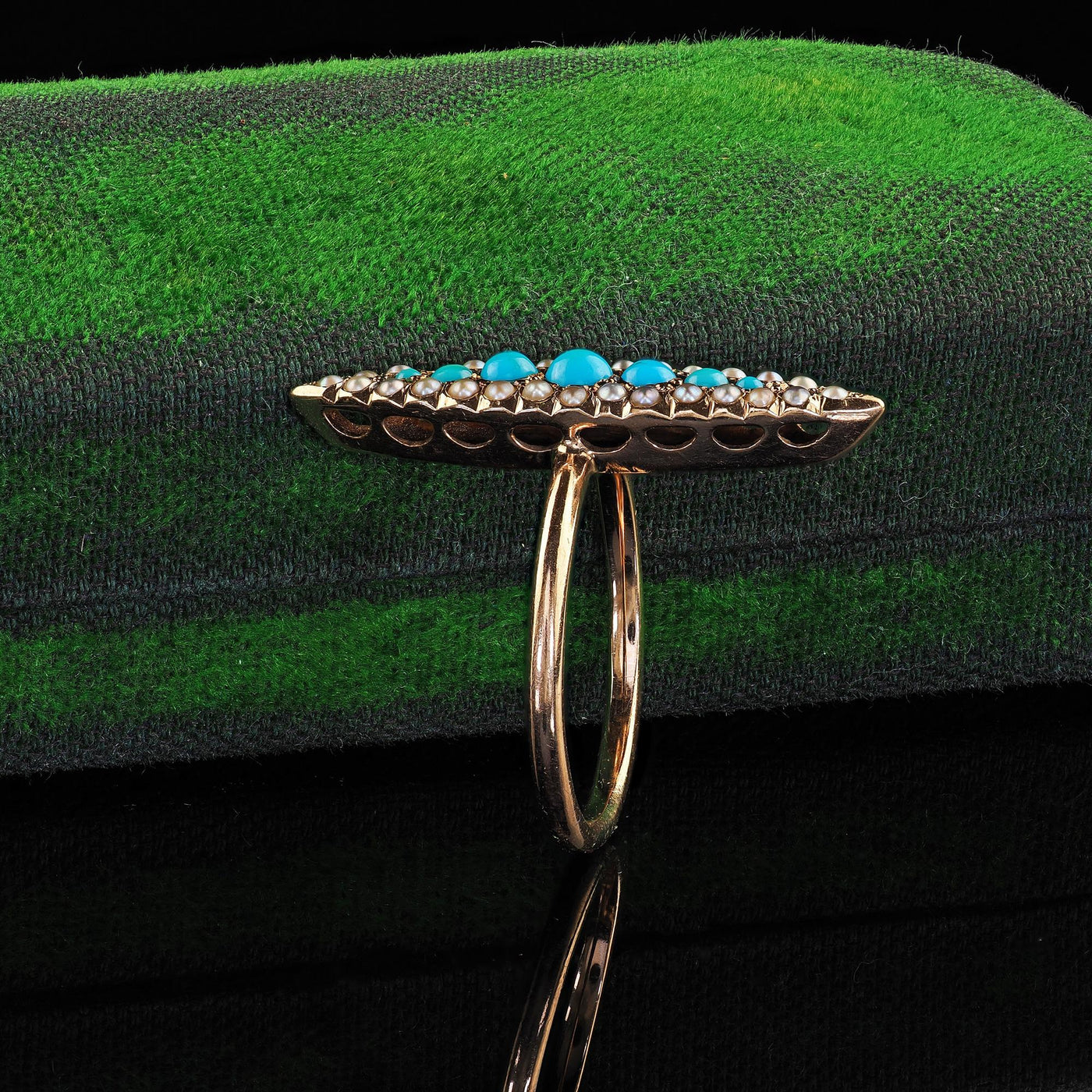 Antique Victorian 14K Yellow Gold Turquoise and Seed Pearl Navette Ring