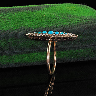 Antique Victorian 14K Yellow Gold Turquoise and Seed Pearl Navette Ring