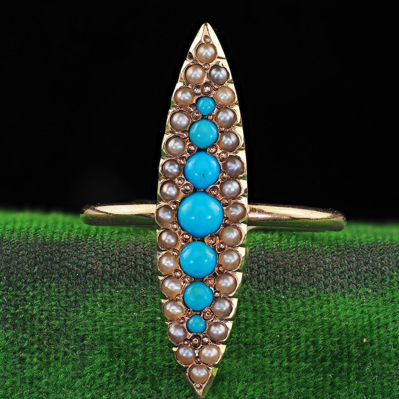 Antique Victorian 14K Yellow Gold Turquoise and Seed Pearl Navette Ring