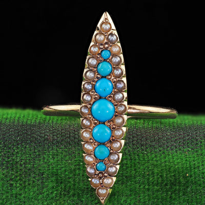 Antique Victorian 14K Yellow Gold Turquoise and Seed Pearl Navette Ring