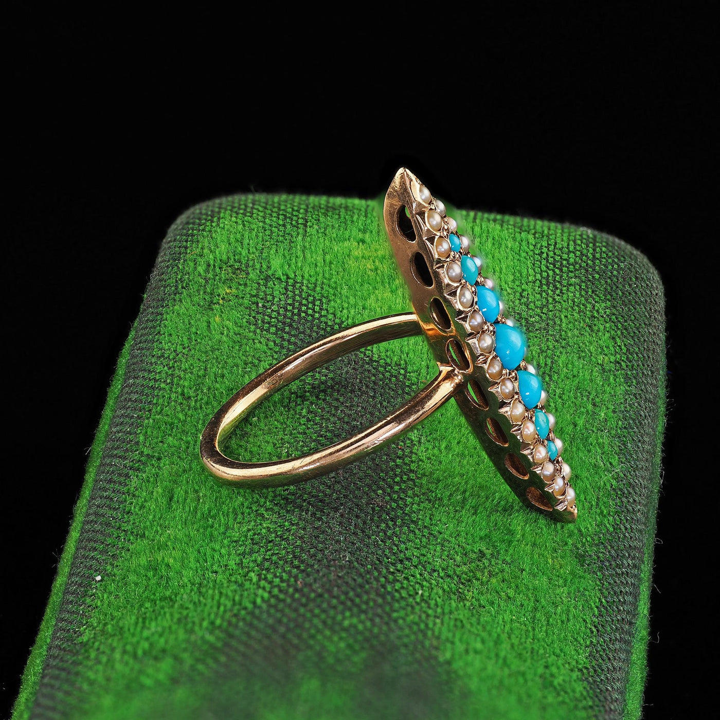 Antique Victorian 14K Yellow Gold Turquoise and Seed Pearl Navette Ring