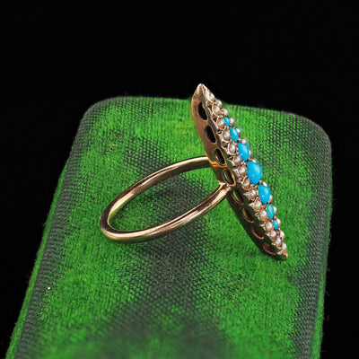 Antique Victorian 14K Yellow Gold Turquoise and Seed Pearl Navette Ring