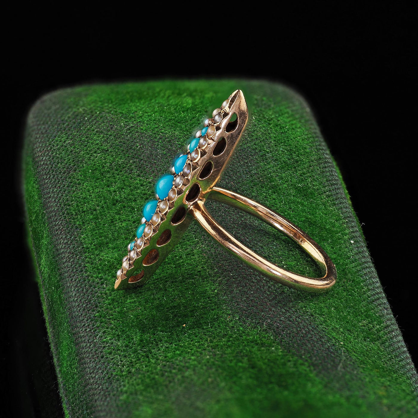 Antique Victorian 14K Yellow Gold Turquoise and Seed Pearl Navette Ring