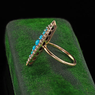 Antique Victorian 14K Yellow Gold Turquoise and Seed Pearl Navette Ring