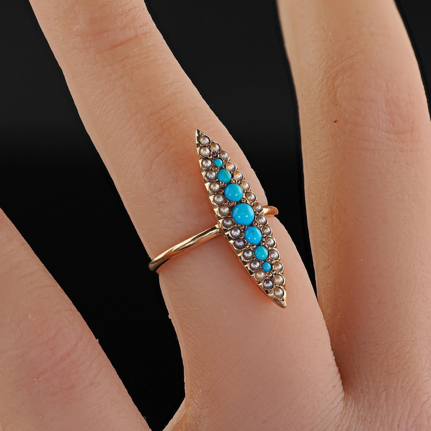 Antique Victorian 14K Yellow Gold Turquoise and Seed Pearl Navette Ring