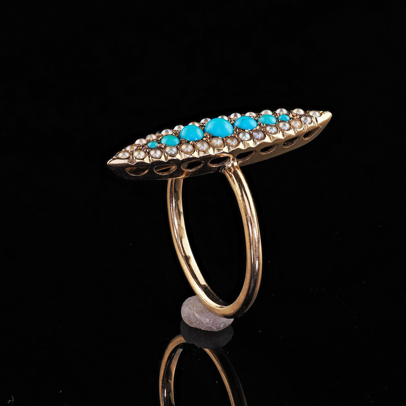 Antique Victorian 14K Yellow Gold Turquoise and Seed Pearl Navette Ring