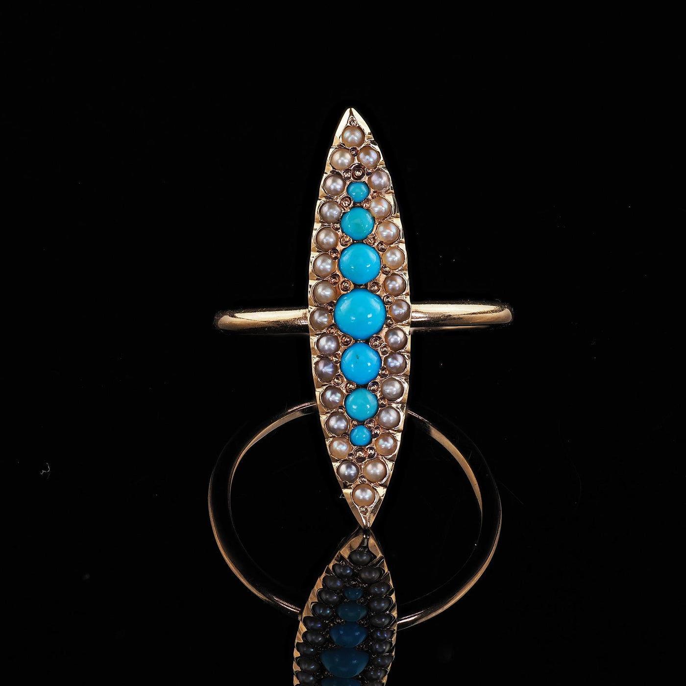 Antique Victorian 14K Yellow Gold Turquoise and Seed Pearl Navette Ring