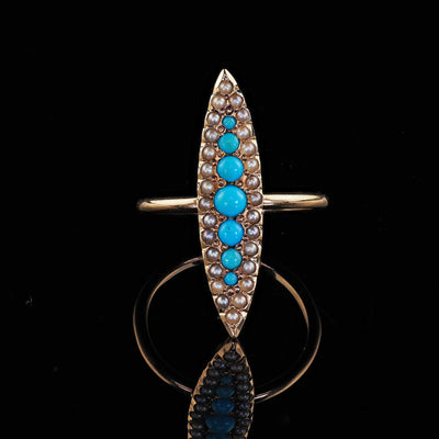 Antique Victorian 14K Yellow Gold Turquoise and Seed Pearl Navette Ring