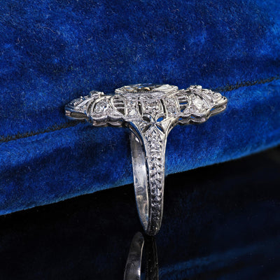 Antique Edwardian Platinum Old Cut Diamond Filigree Shield Cocktail Ring - GIA