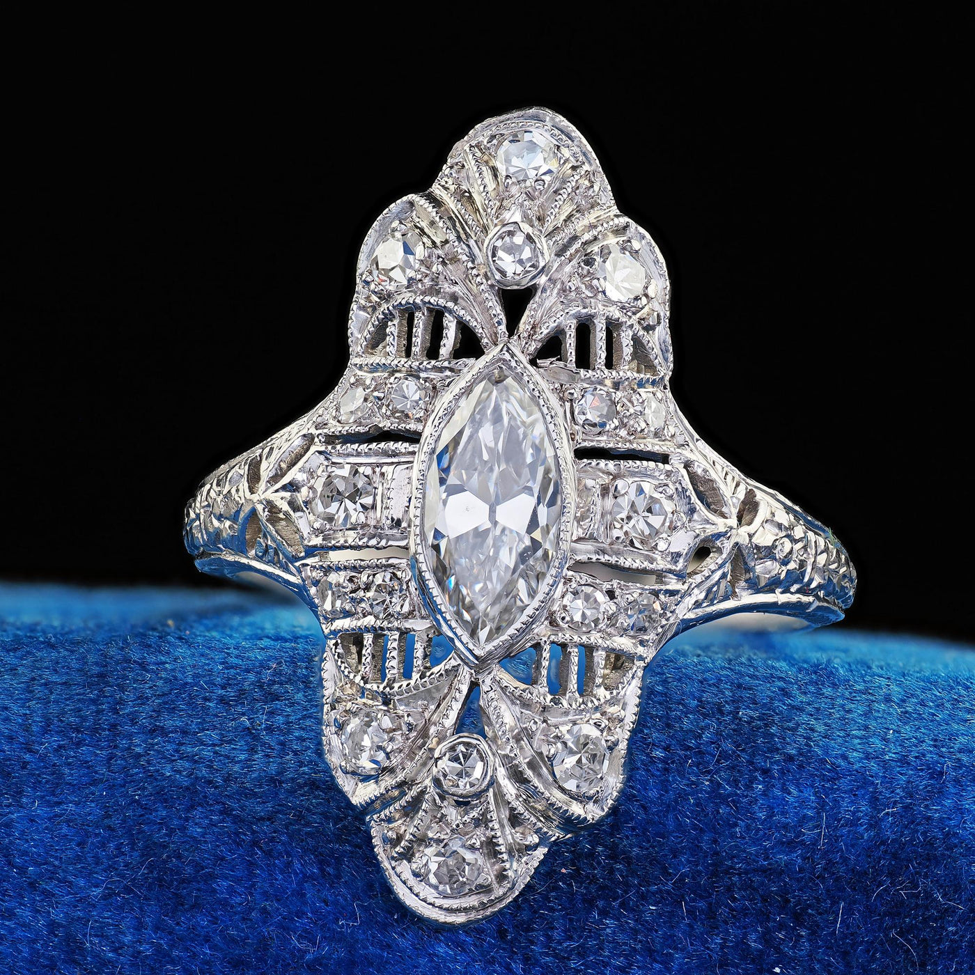 Antique Edwardian Platinum Old Cut Diamond Filigree Shield Cocktail Ring - GIA