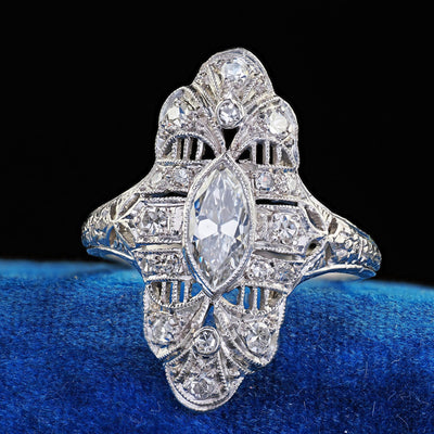 Antique Edwardian Platinum Old Cut Diamond Filigree Shield Cocktail Ring - GIA