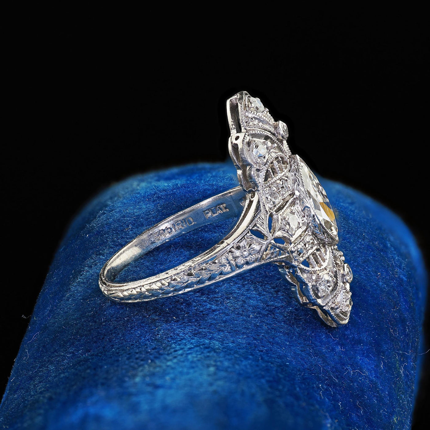 Antique Edwardian Platinum Old Cut Diamond Filigree Shield Cocktail Ring - GIA