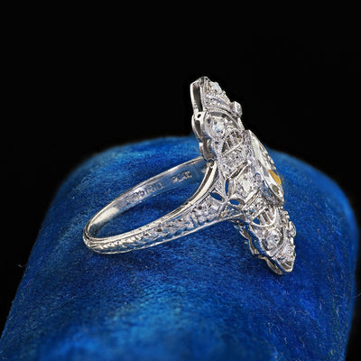 Antique Edwardian Platinum Old Cut Diamond Filigree Shield Cocktail Ring - GIA