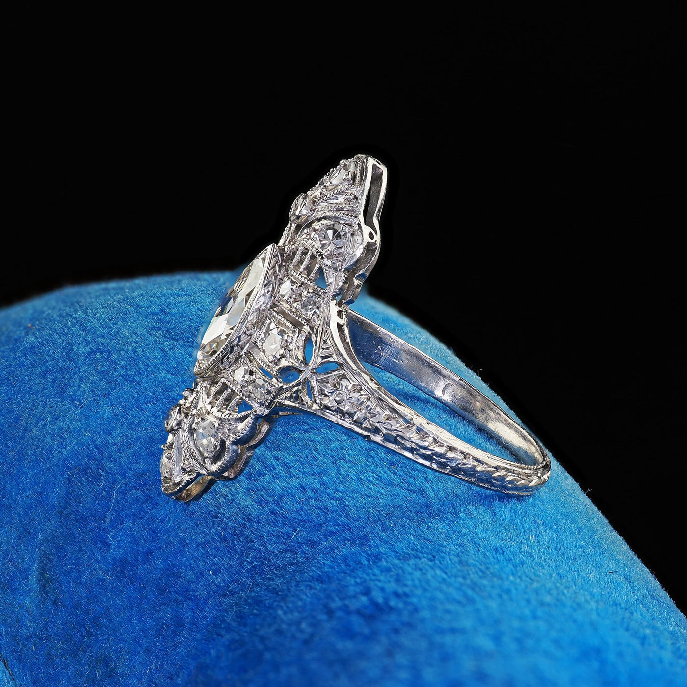 Antique Edwardian Platinum Old Cut Diamond Filigree Shield Cocktail Ring - GIA