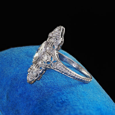 Antique Edwardian Platinum Old Cut Diamond Filigree Shield Cocktail Ring - GIA