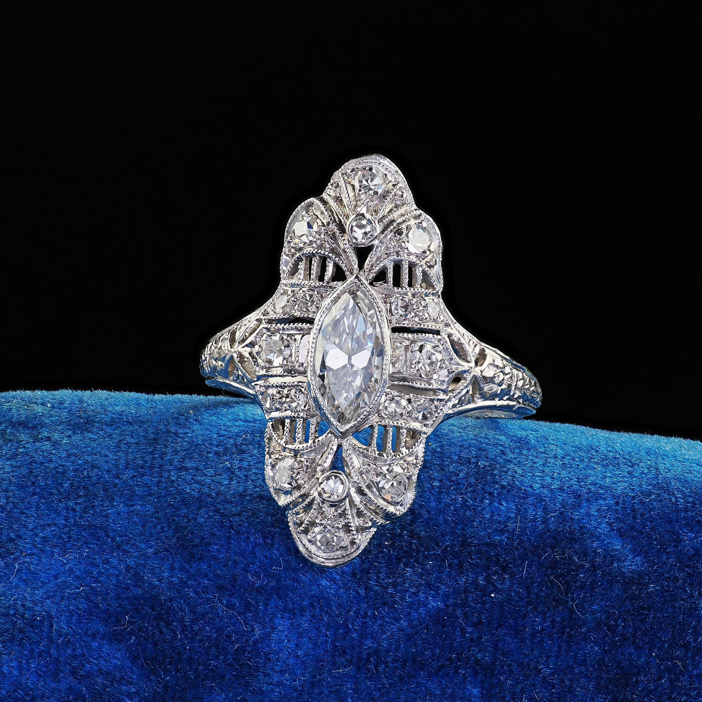 Antique Edwardian Platinum Old Cut Diamond Filigree Shield Cocktail Ring - GIA
