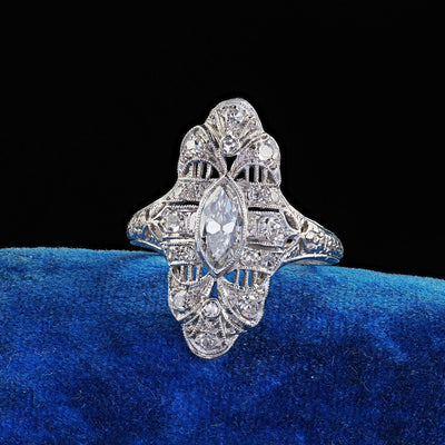Antique Edwardian Platinum Old Cut Diamond Filigree Shield Cocktail Ring - GIA