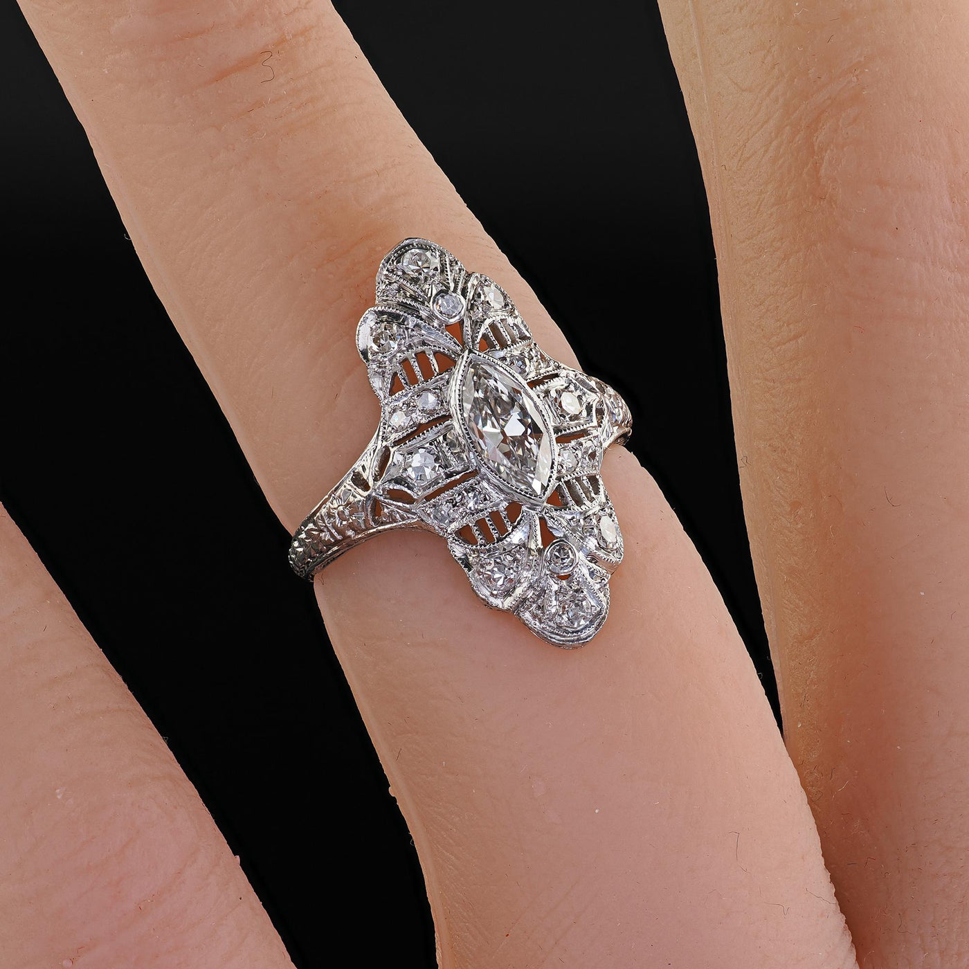 Antique Edwardian Platinum Old Cut Diamond Filigree Shield Cocktail Ring - GIA
