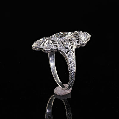 Antique Edwardian Platinum Old Cut Diamond Filigree Shield Cocktail Ring - GIA