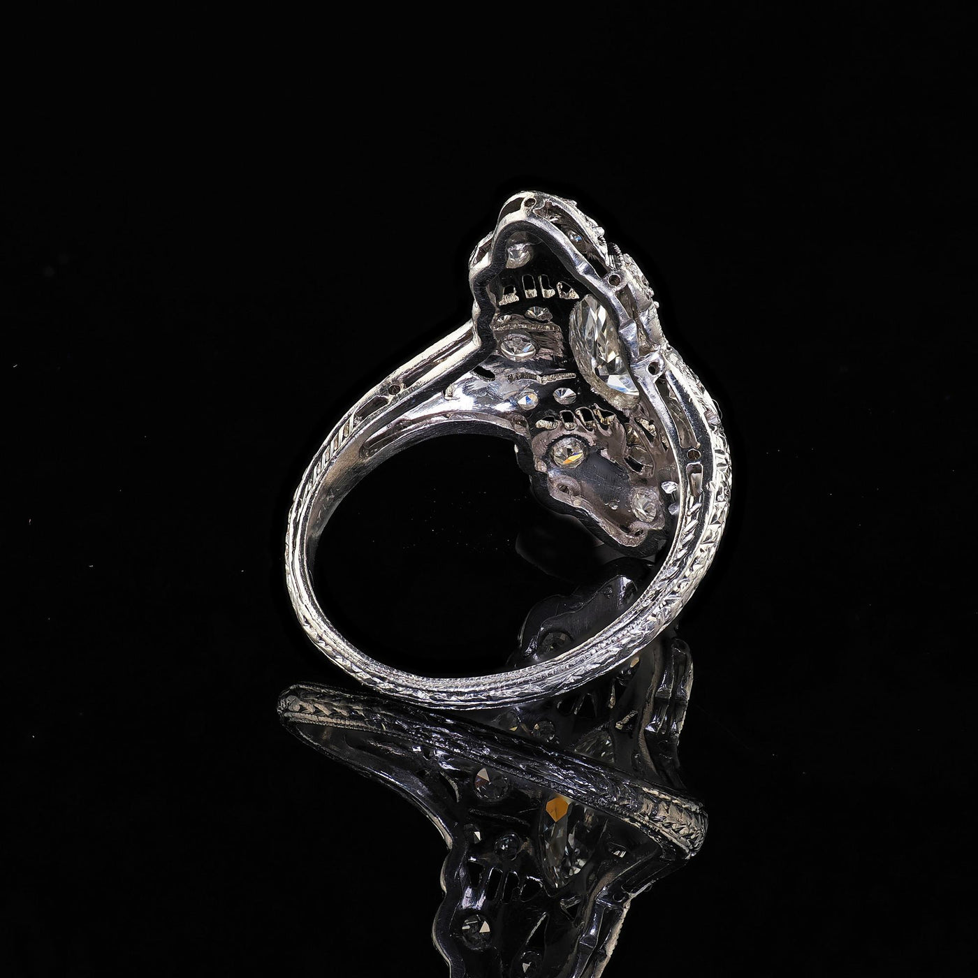 Antique Edwardian Platinum Old Cut Diamond Filigree Shield Cocktail Ring - GIA