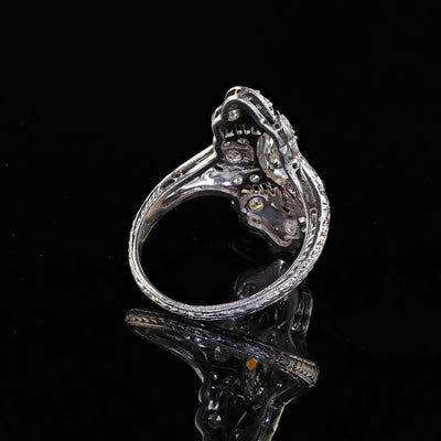 Antique Edwardian Platinum Old Cut Diamond Filigree Shield Cocktail Ring - GIA