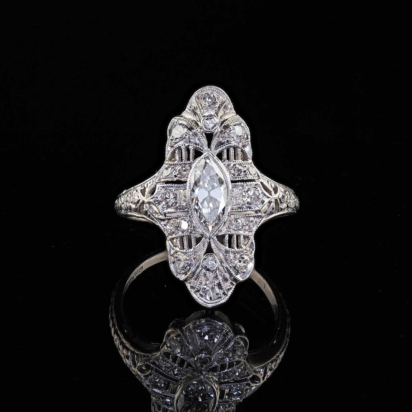 Antique Edwardian Platinum Old Cut Diamond Filigree Shield Cocktail Ring - GIA
