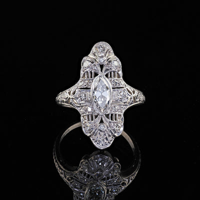 Antique Edwardian Platinum Old Cut Diamond Filigree Shield Cocktail Ring - GIA