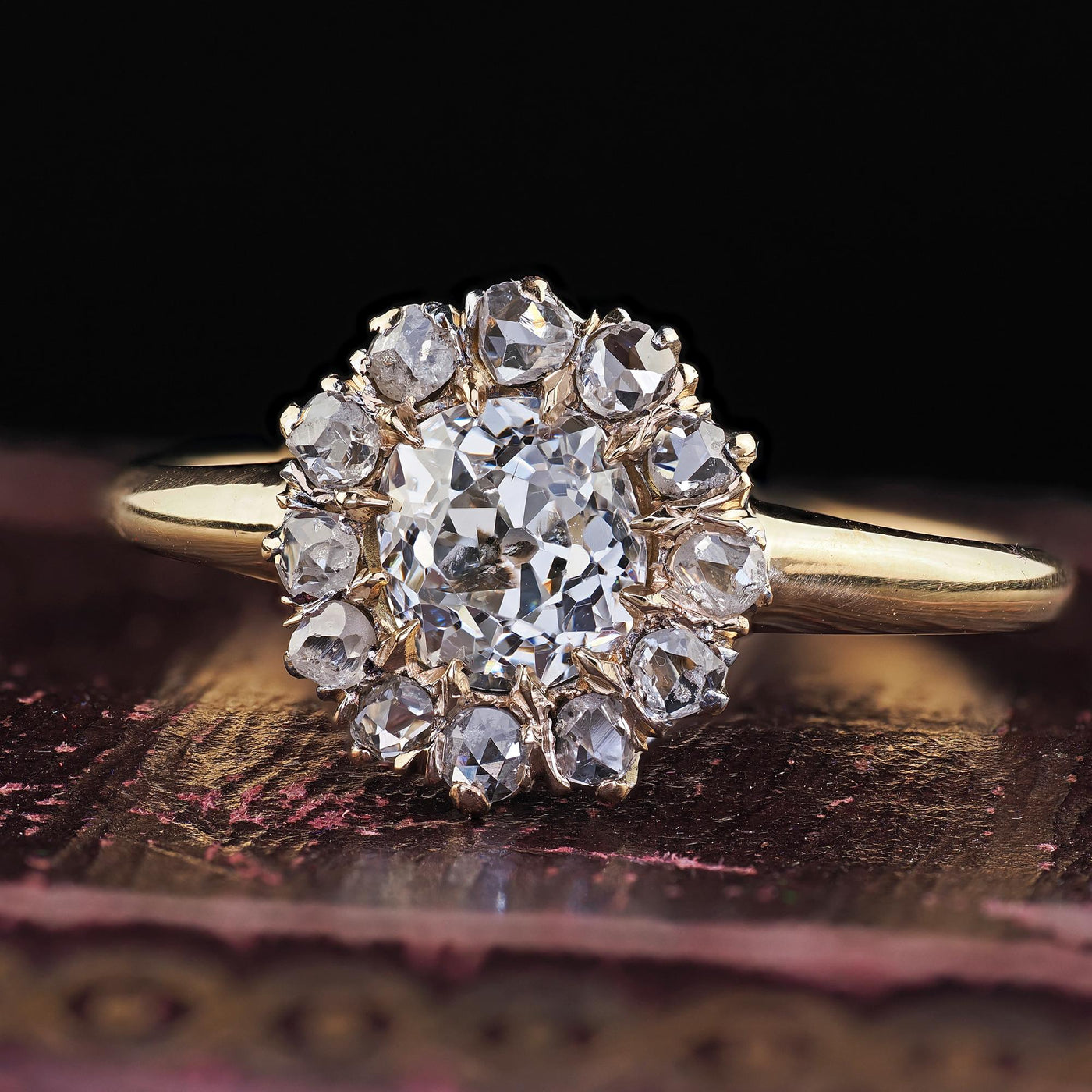 Antique Victorian 14K Yellow Gold Old Mine Diamond Cluster Engagement Ring - GIA