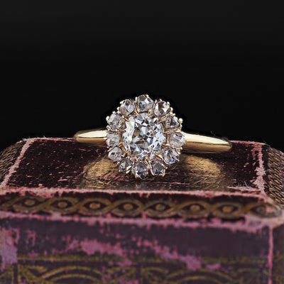 Antique Victorian 14K Yellow Gold Old Mine Diamond Cluster Engagement Ring - GIA
