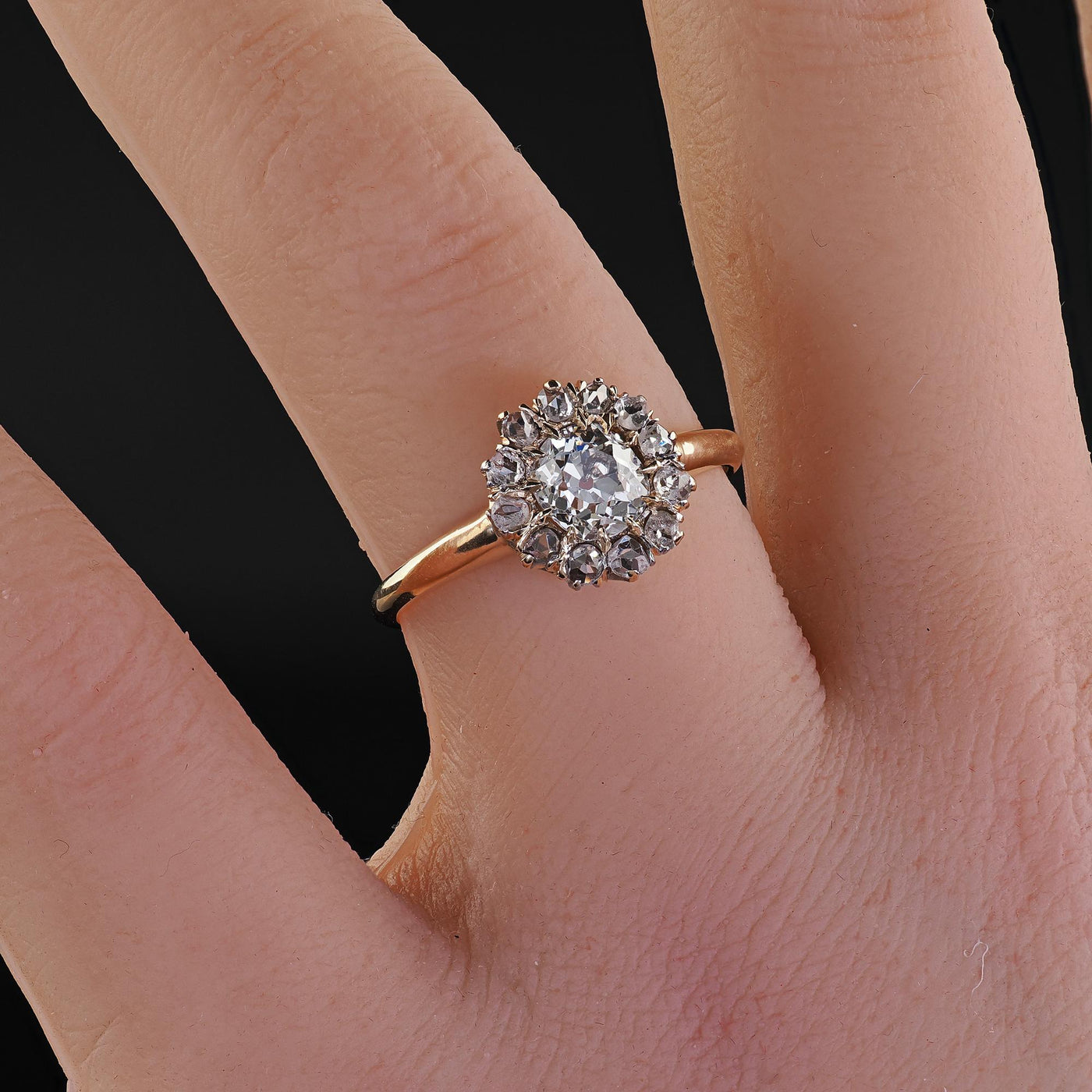 Antique Victorian 14K Yellow Gold Old Mine Diamond Cluster Engagement Ring - GIA