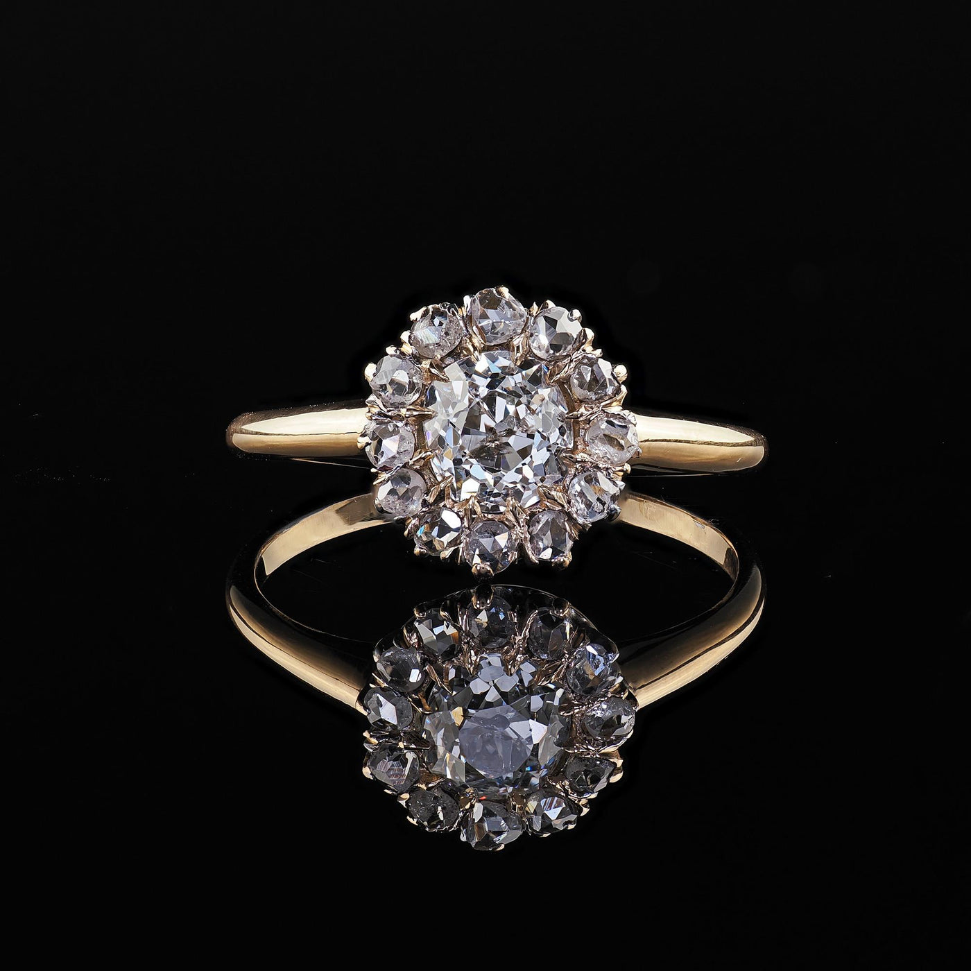 Antique Victorian 14K Yellow Gold Old Mine Diamond Cluster Engagement Ring - GIA