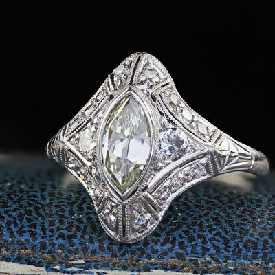 Antique Art Deco Moskowitz Bros. Platinum Old Cut Marquise Diamond Ring - GIA