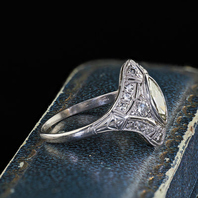 Antique Art Deco Moskowitz Bros. Platinum Old Cut Marquise Diamond Ring - GIA