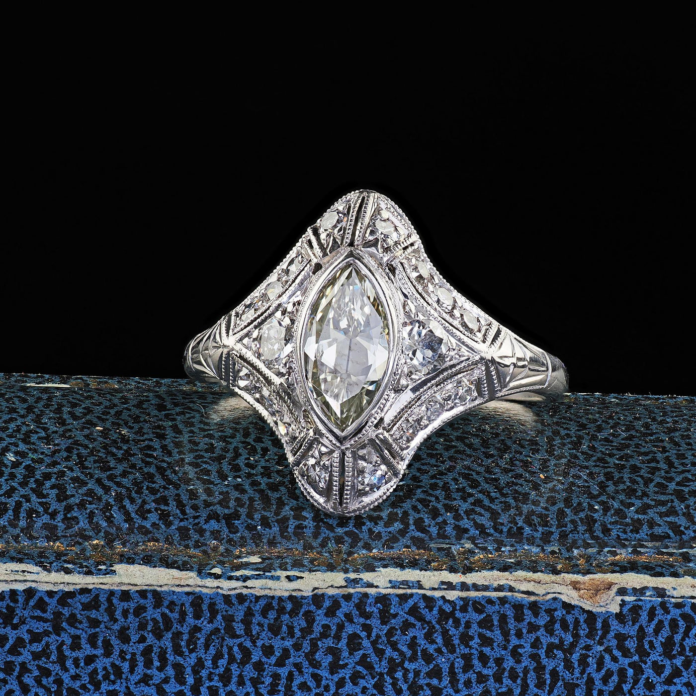 Antique Art Deco Moskowitz Bros. Platinum Old Cut Marquise Diamond Ring - GIA